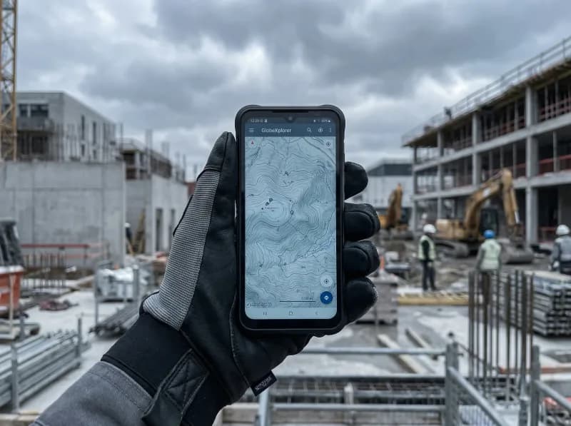 Smartphone durci GlobeXplorer GPX PRO 4 tenu en main gantée sur un chantier