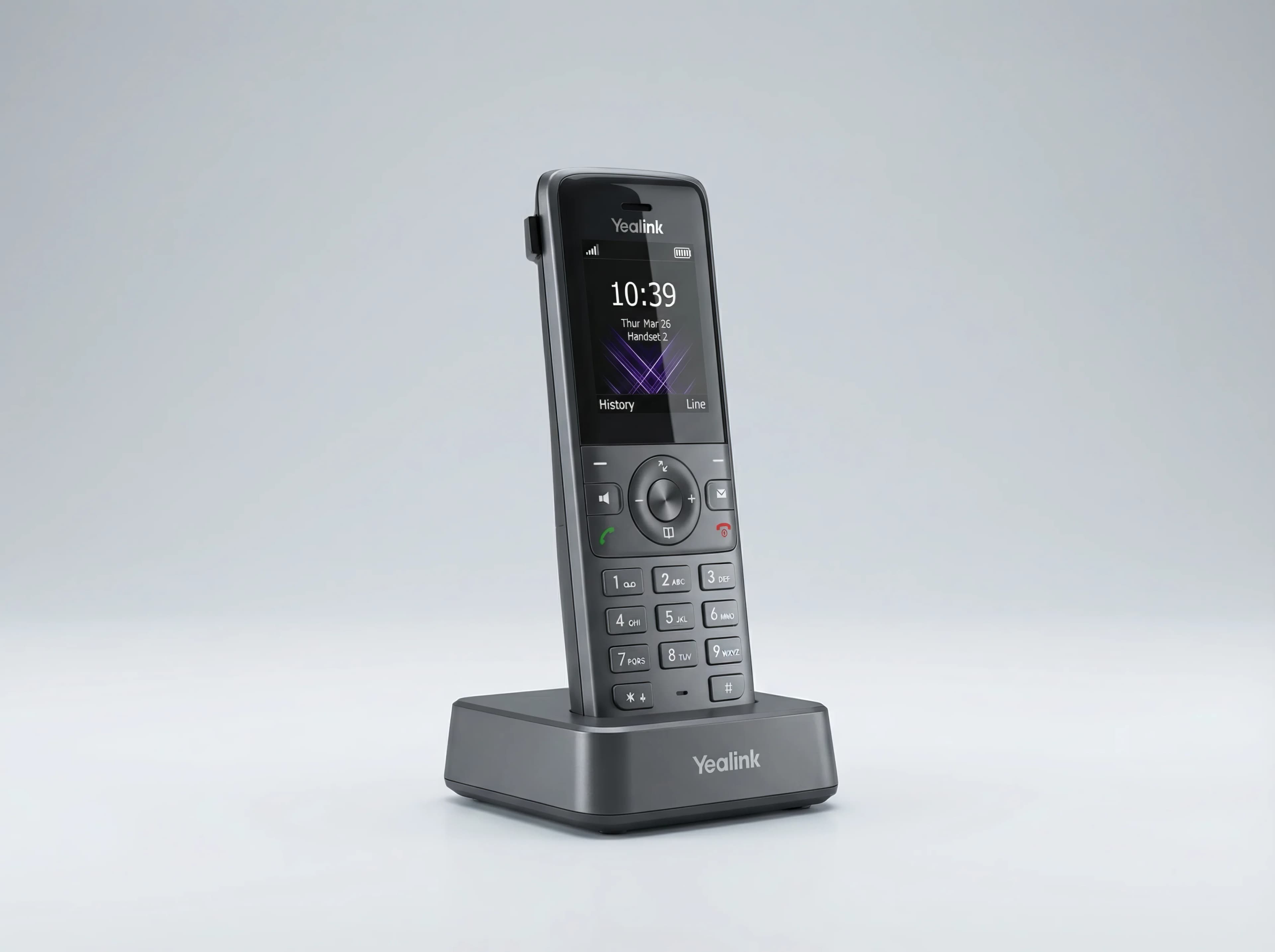Combiné sans fil Yealink W73H posé sur son socle de charge